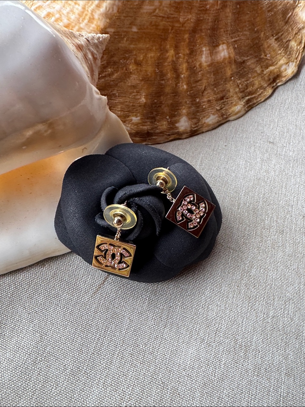 CHANEL Pierced Gold & Pink Rhinestone’s With COA CC Drop Double Sided